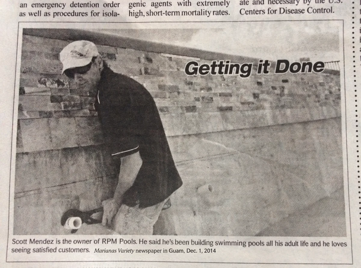 Newspaper clipping from the Marianas Variety, December 1, 2014, showing Scott Mendez of RPM Pools at work on a pool in Guam