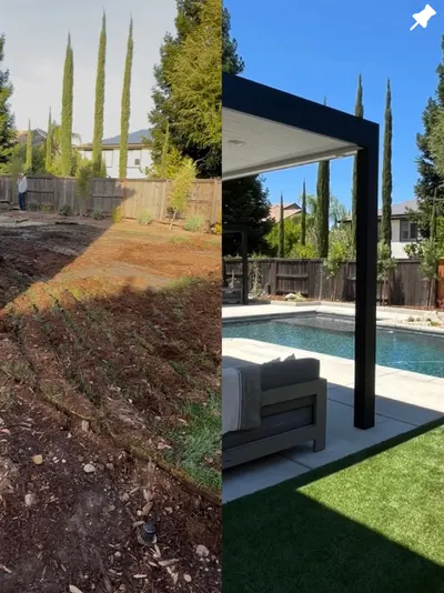 Before and after: a bare dirt backyard beside the finished pool, black steel pergola, and turf