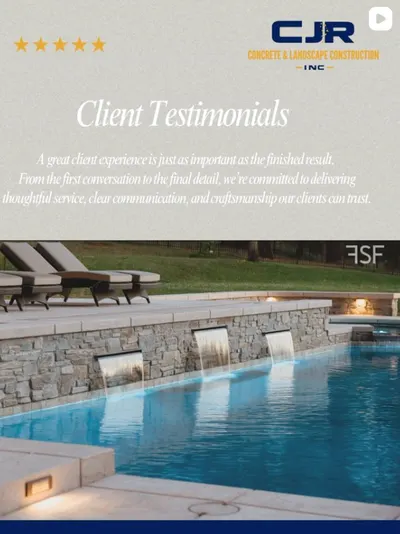 Client testimonials graphic above a pool with a stone wall and three sheer descent water features