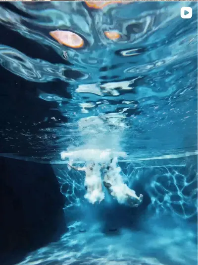 Underwater view of a swimmer jumping into a pool with sunlight on the surface