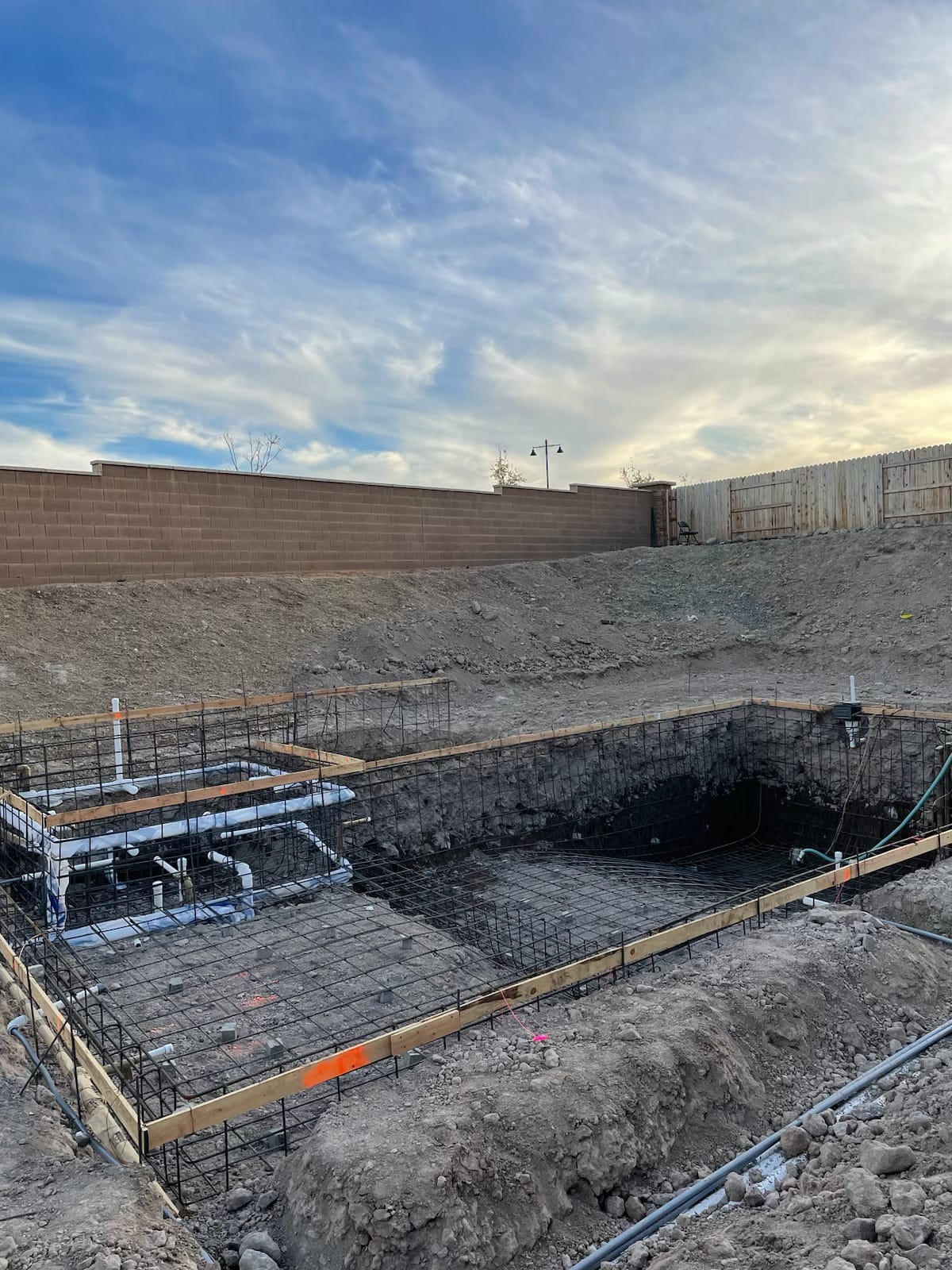 Pool forms and steel rebar reinforcement installed to engineered specifications